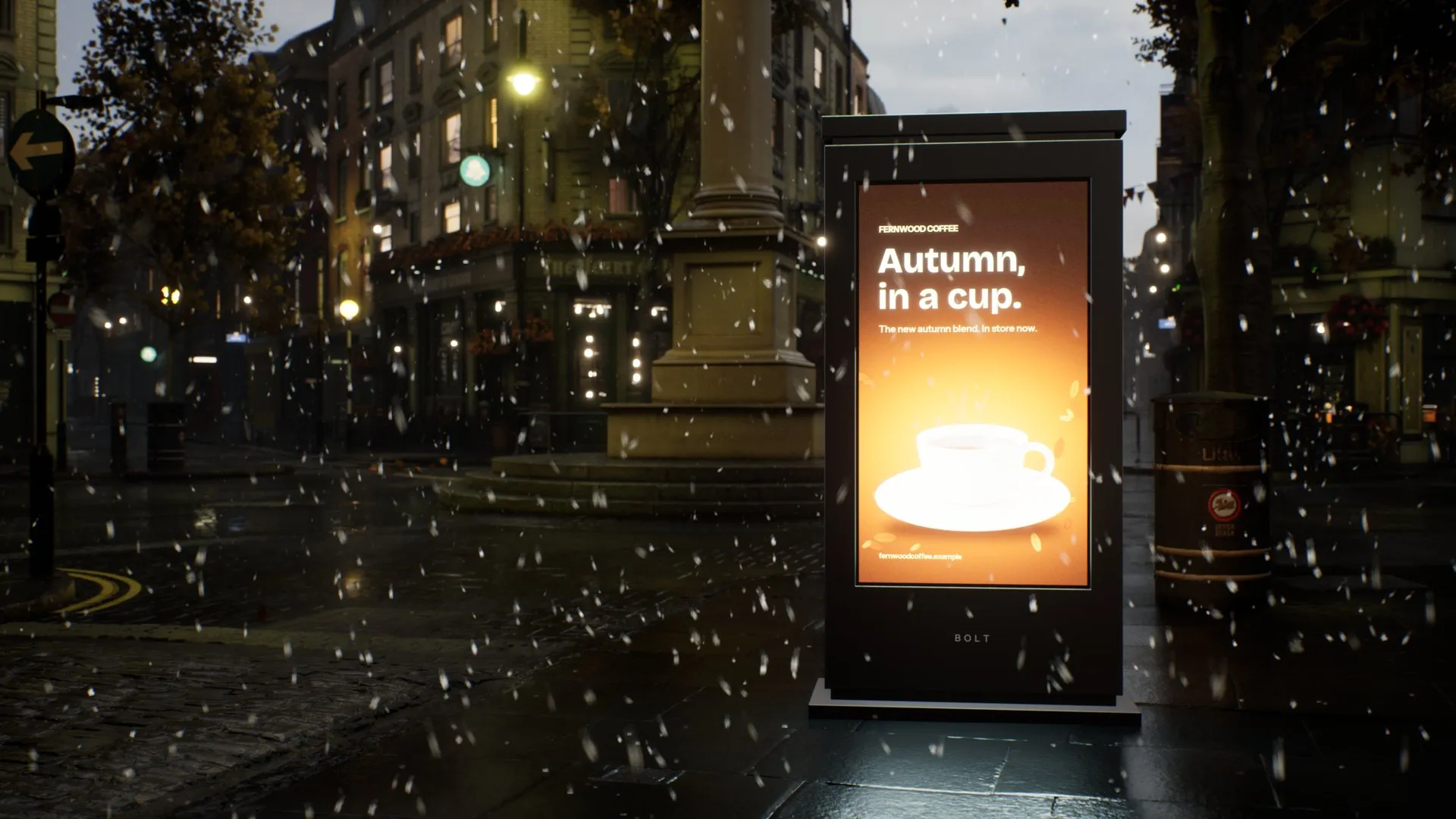 BOLT graphite double totem on a rainy London pavement at night, showing an autumn coffee advert