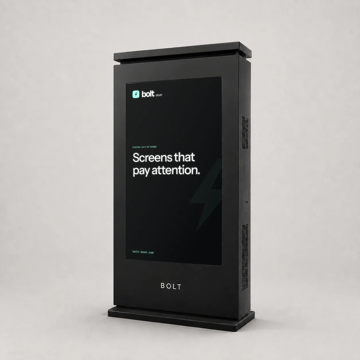 BOLT outdoor Single Totem visualisation with rain cap, vented steel cabinet and anchored plinth