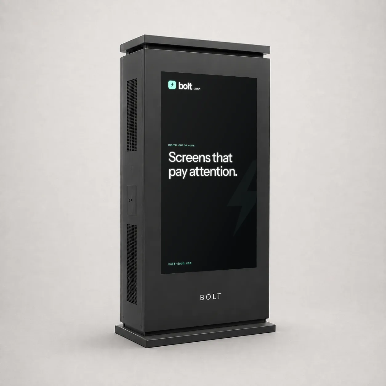 BOLT outdoor Double Totem visualisation, showing the front and side of its deep shared cabinet