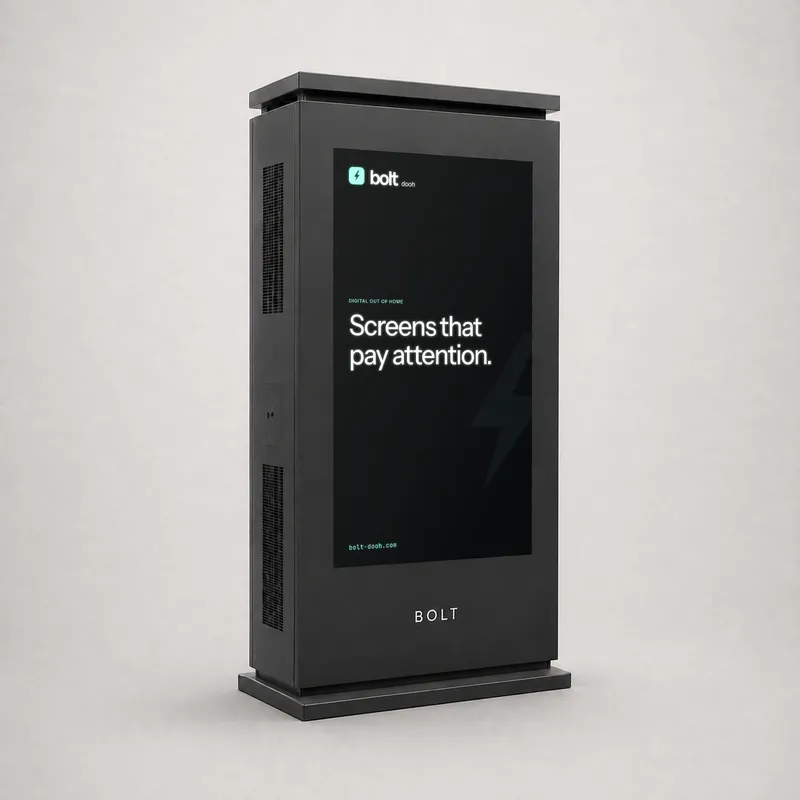 Graphite outdoor double totem showing the BOLT “Screens that pay attention.” slide